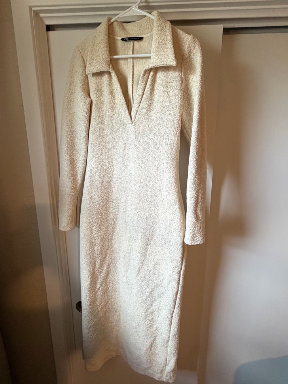 Zara Cream Long-Sleeve Collared Maxi Dress